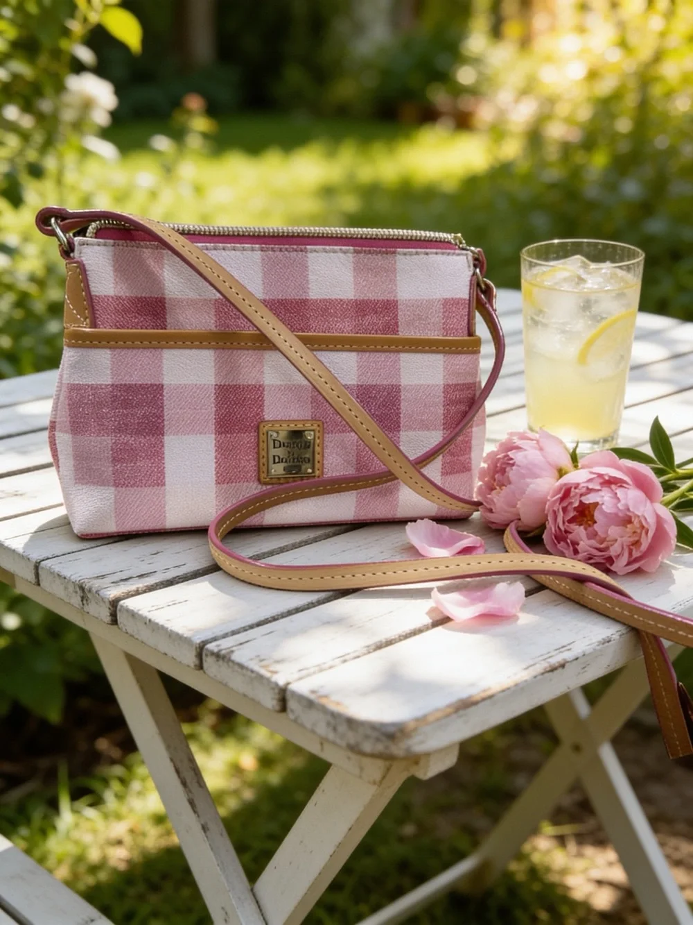 Dooney & Bourke Pink and White Gingham Crossbody with Tan Trim